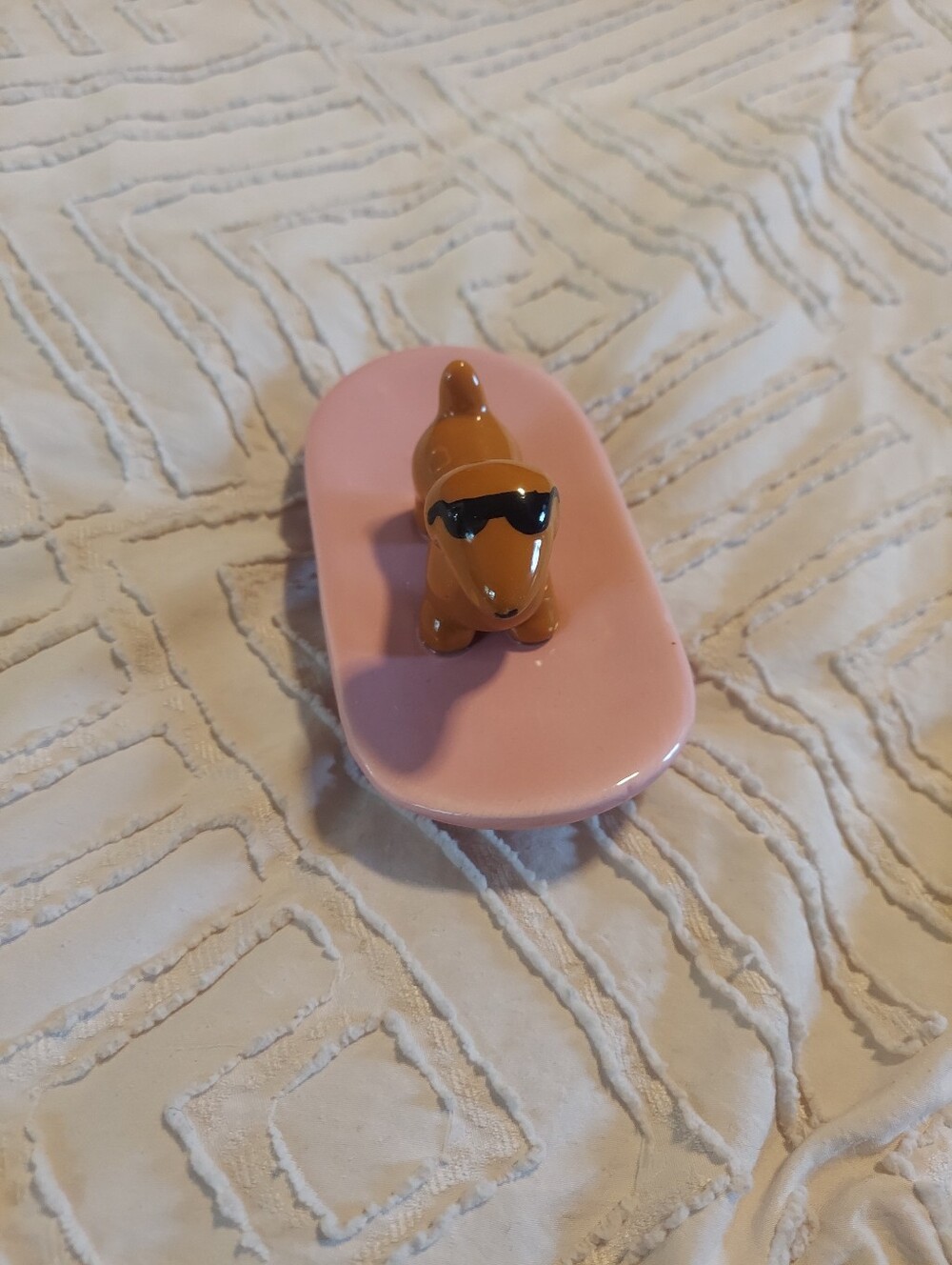 Ceramic Dachshund Skater Ring Holder Trinket Dish Pink Skateboard Wiener Dog